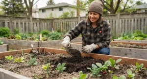 Home gardener applying a top dressing of compost over garden soil in a Canadian backyard vegetable patch in early spring.