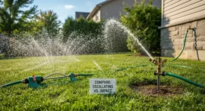 Side-by-side display of an oscillating sprinkler and an impact sprinkler on a lush green lawn.