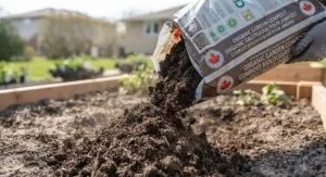 Close-up view of dark, nutrient-rich bagged compost pouring onto the ground for garden soil preparation.