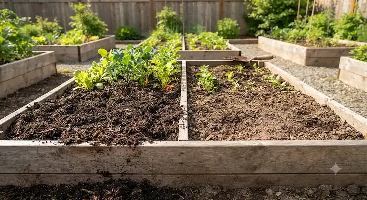 Comparison of dark rich compost and garden soil side by side in Canadian raised vegetable beds for home gardening. compost vs garden soil for vegetable beds