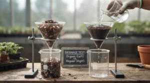 Visual comparison of water drainage showing why organic potting mix vs regular potting soil performs better in potted plants.
