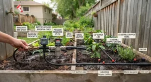 Illustration of drip irrigation components including a pressure regulator, filter, and main supply line.