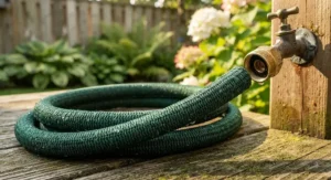 Close-up of a high-quality flexible garden hose showing durable fabric construction, a budget-friendly find under $50 CAD.