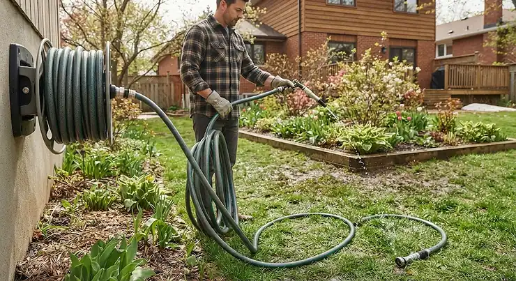 A high-quality, durable garden hose that doesn't kink being uncoiled in a lush Canadian backyard during springtime.