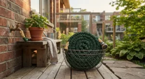An expandable hose fully retracted to save space, highlighting its compact size for Canadian condo or townhouse living.