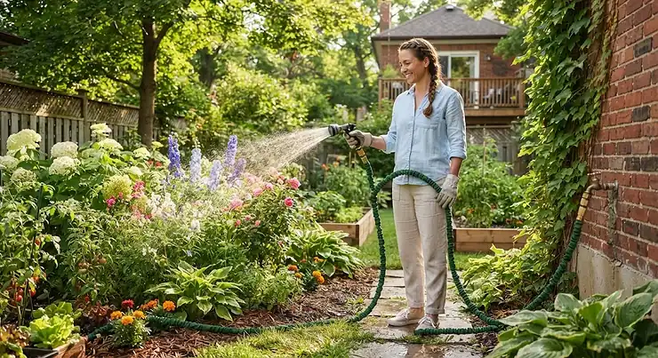 A homeowner effortlessly watering a lush Canadian garden with a compact, expandable garden hose under $50 CAD.