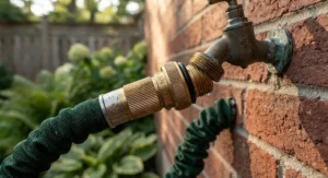 Detail view of robust brass connectors on an affordable expandable garden hose, perfect for Canadian outdoor tap setups.