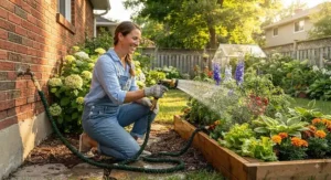 A vibrant summer garden setting in Canada featuring an expandable water hose performing well under typical daily use.