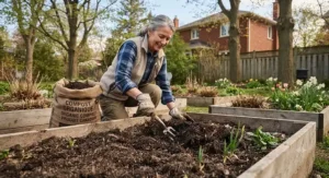 Canadian gardener amending raised bed soil with compost and organic matter in early spring