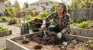 Canadian gardener mixing compost into a wooden raised garden bed to prepare soil for growing tomatoes and herbs.