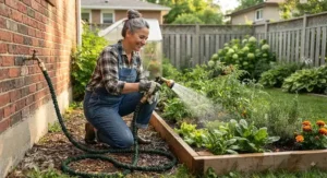 A gardener tending to vegetable patches in a Canadian backyard using a lightweight, expandable garden hose priced under $50 CAD.