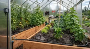 A specialized drip irrigation kit for a vegetable garden installed inside a hobby greenhouse for optimal moisture control in Canadian climates.