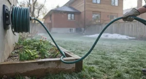 A heavy-duty garden hose that doesn't kink remaining flexible during a cool spring morning in Canada.