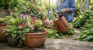 A heavy-duty plastic watering can used for deep watering of large outdoor pots in a community garden.