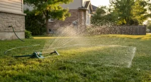 An oscillating sprinkler spraying gentle, rectangular water patterns across a backyard turf in Ontario.