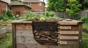 Diagram showing the layers of organic garden soil and compost inside a raised bed