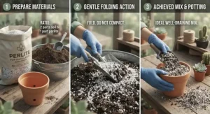 Step-by-step illustration showing how to evenly blend perlite for succulents and cacti into container soil.