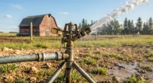 Close-up of a rugged metal impact sprinkler arm enduring high water pressure in a rural Canadian property.