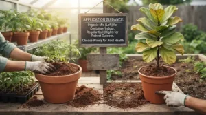 Illustration guiding gardeners on choosing organic potting mix vs regular potting soil for indoor containers versus outdoor garden beds in Canada.
