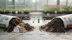 Diagram illustrating natural ingredients in organic potting mix vs heavier components in regular potting soil for Canadian houseplants.
