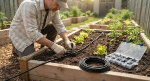 Gardener installing a budget drip irrigation kit under $100 CAD in a wooden raised garden bed during a sunny spring day in Canada.