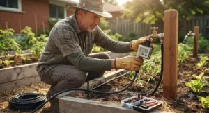 Canadian gardener connecting a timer to a drip irrigation kit for a vegetable garden to conserve water during dry spells.