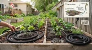 Step-by-step illustration showing how to lay out and connect a soaker hose in a vegetable garden plot.