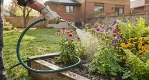 Close-up view of a kink-free water hose being used to gently water a vibrant flower bed filled with native Canadian plants.