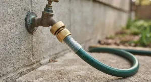 Detailed view of the leak-proof connection of a garden hose that doesn't kink attached to an outdoor tap.
