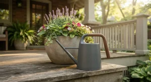 A large-capacity watering can held over oversized patio pots in a lush Canadian residential backyard.