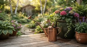 A long-reach watering can positioned to easily water large outdoor pots on a wooden deck.