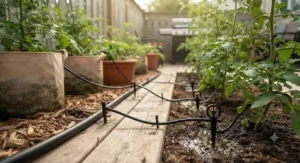 Detailed view of micro-tubing and pressure-compensating drip emitters watering tomato plants in a Canadian patio container garden.