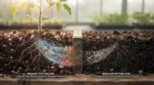 Artistic rendering of beneficial microbes in a living organic potting mix vs synthetic nutrient delivery in regular potting soil.
