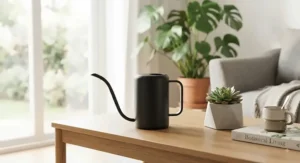 A minimalist matte black watering can for indoor plants, sitting on a modern wooden coffee table beside a succulent.