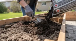 Garden trowel mixing rich bagged compost for gardens into native soil to improve soil structure and nutrients.