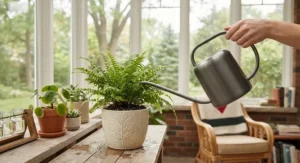 A modern, functional watering can for indoor plants being used to care for a fern in a bright Canadian sunroom.