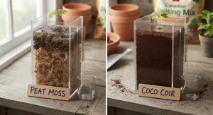 Illustration showing how peat moss and coco coir retain moisture differently in Canadian potting soil blends.