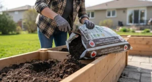 Cutting open a bag of organic compost to enrich the soil in a backyard raised garden bed in Canada.