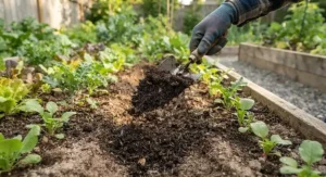 Close-up view of dark, nutrient-dense organic compost being added to a backyard vegetable garden in Canada.
