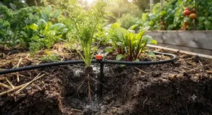 Root-level watering powered by a drip irrigation kit for a vegetable garden keeping soil moist for organic root crops.
