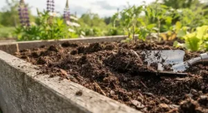 Close-up of dark, organic garden soil mix suitable for raised beds and vegetable gardening