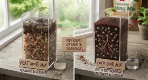 Diagram explaining nutrient availability and drainage in potting mixes using peat moss versus coco coir.