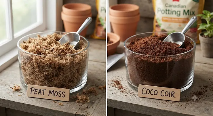 A side-by-side comparison of peat moss and coco coir textures for Canadian container gardening potting mixes. peat moss vs coco coir for potting mix