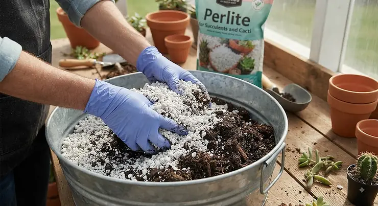 Illustration of a gardener mixing perlite for succulents and cacti into potting soil.