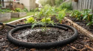 Close-up illustration of a black rubber soaker hose weeping water directly onto the soil around vegetable plants.
