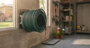 A tangle-resistant garden hose that doesn't kink neatly coiled on a wall-mounted reel in a garage.