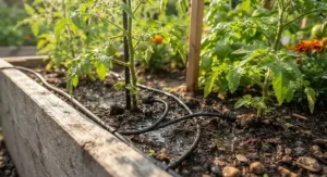 Close-up of emitters from a drip irrigation kit for a vegetable garden watering healthy tomato plants in a cedar raised garden bed.