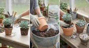 Diagram showing how to repot a succulent using perlite for succulents and cacti to improve drainage.