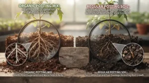 Cutaway view comparing root oxygenation and compaction prevention in organic potting mix vs regular potting soil.