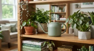 A small ergonomic watering can for indoor plants with a long spout, perfect for reaching into crowded foliage on a bookshelf.